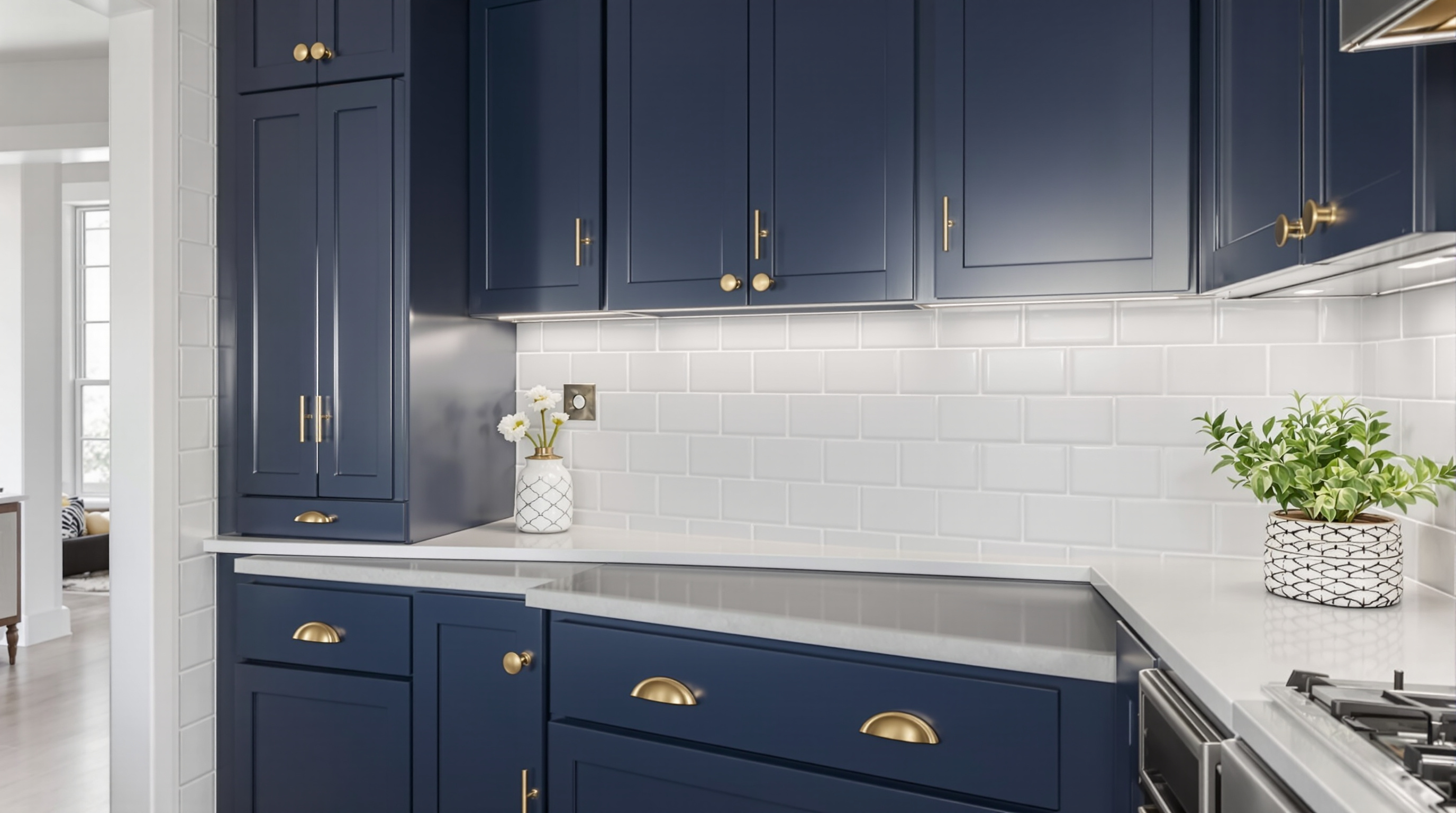 Modern white oak kitchen with waterfall island and brass fixtures